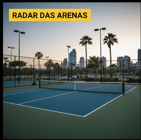 Quadra profissional em arena de Pickleball de São Paulo, com iluminação noturna e piso acrílico azul.